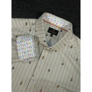 Simon Carter London Shirt Men's 40 Slim Fit Beige Fish Guitar AOP Flip Cuff
